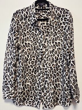 Theory Leopard Print Silk Blouse, Black & Cream, Size L.